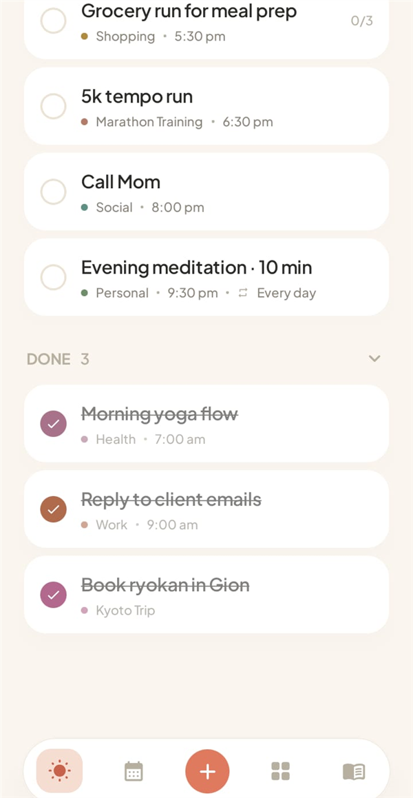 Today list with timed tasks and a Done section of checked-off items