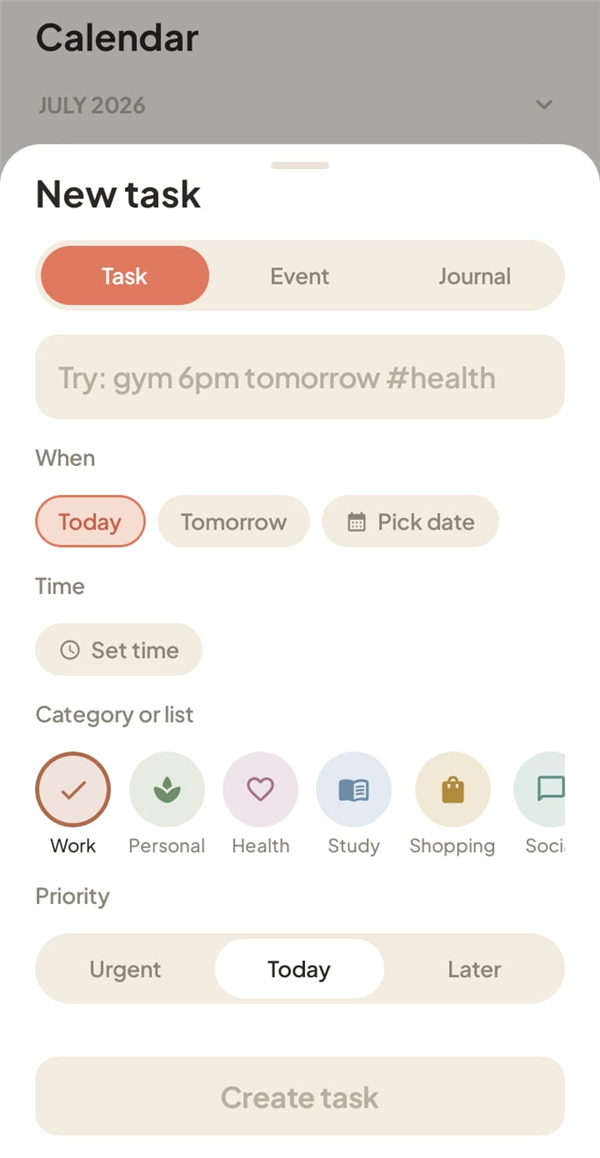 New task sheet with natural language input, date, time, category and priority