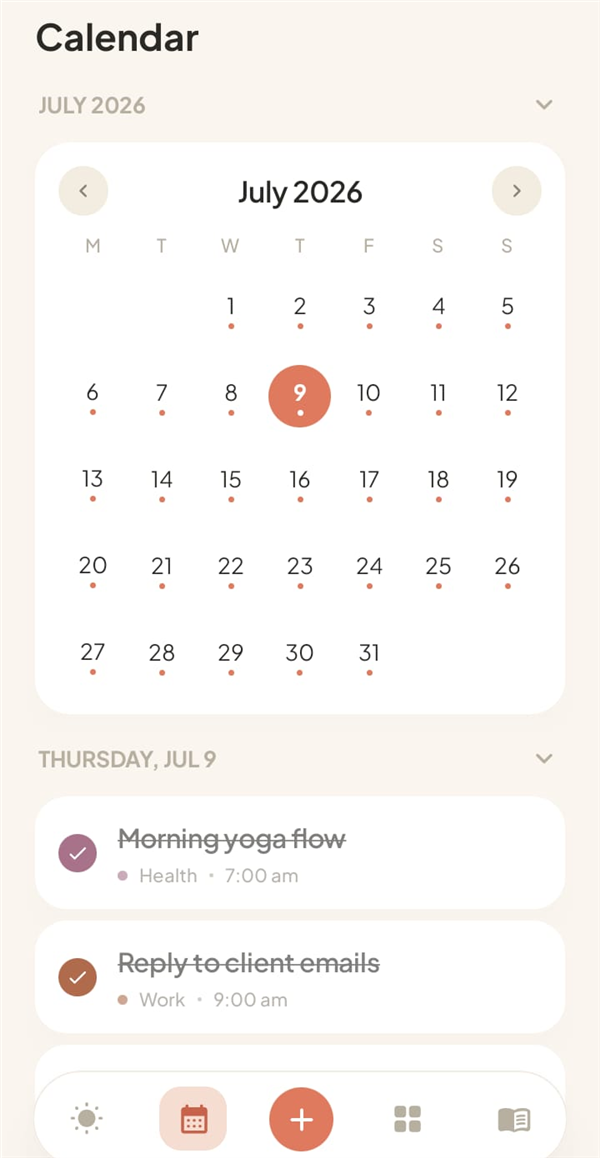Calendar month view with dotted days and the day's agenda below
