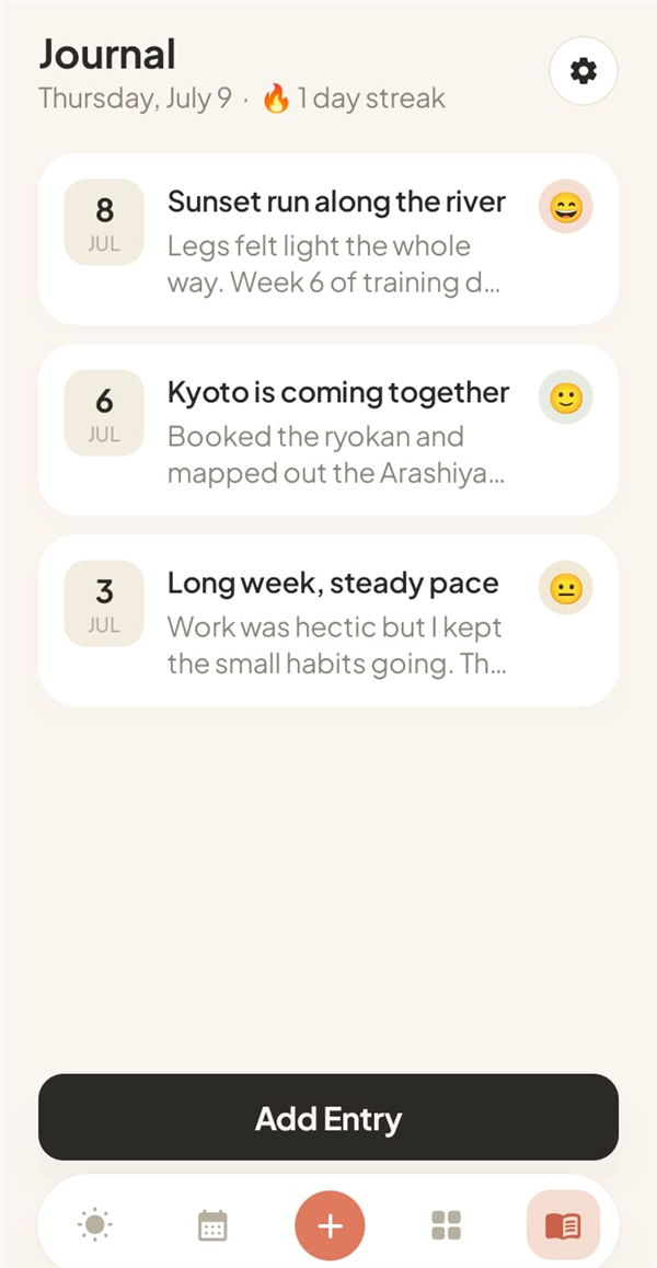 Journal screen with dated entries, moods and a streak