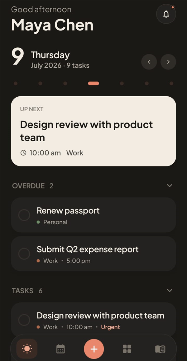 Daylo Today screen in the warm dark theme